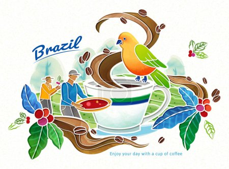 Illustrated parrot perching on the edge of coffee cup in coffee farm with miniature male farmer harvest and carry basket. Suitable for World Coffee Day