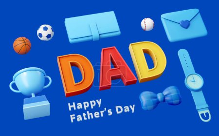 Illustration for 3D isometric style father's day element set. Letter DAD decor, sports balls, trophy, notebook, envelope sealed with love, watch and bow tie isolated on blue background - Royalty Free Image