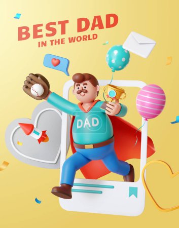 3D fête des pères meilleure affiche de thème papa. Papa mignon portant casquette rouge tenant trophée et attraper le baseball courir à travers le cadre de poste de médias sociaux entouré d'un décor festif