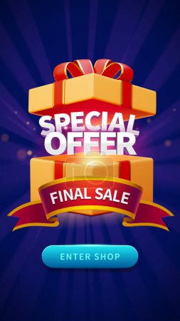 Illustration for SPECIAL OFFER text popping out from open gift box with ribbon. ENTER SHOP button on blue radial light and bokeh effect background. - Royalty Free Image