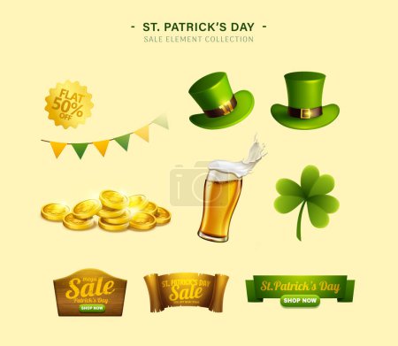Illustration for 3D illustration of Saint Patrick's day promotion element set isolated on light yellow background. Including bunting, signs templates, leprechaun's hats, beer, clover leaves and gold coins. - Royalty Free Image