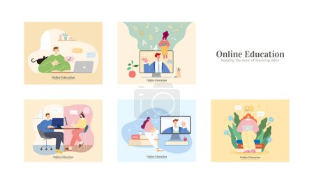 Illustration for Flat design virtual learning element collection isolated on white background. Scenes of student studying at home with laptop. Concept of online education and homeschooling. - Royalty Free Image