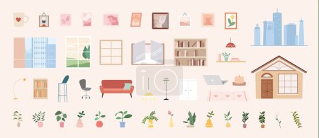 Illustration for Flat style sweet home element set isolated on beige background. Including cityscape, wall art, photos, windows, furniture, plants, house, shelves, lamps, and laptop. - Royalty Free Image