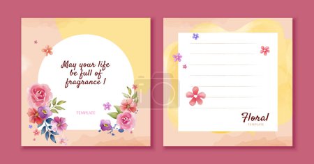 Illustration for Cute watercolor floral background template set with roses and wildflower bouquet - Royalty Free Image