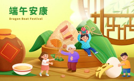 Illustration for Cute hand drawn style dragon boat festival poster of miniature family eating giant rice dumpling from bamboo steamer beside oriental window and wine jar. Chinese Translation:Happy Duanwu Festival. - Royalty Free Image