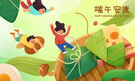 Téléchargez les illustrations : Mignon style dessiné à la main dragon boat festival affiche d'enfants miniatures flottant parmi les zongzi et ingrédients alimentaires. Traduction chinoise : Festival sain de Duanwu. - en licence libre de droit