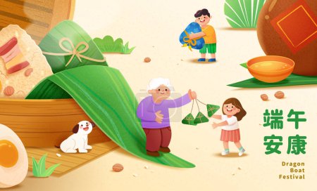 Illustration for Cute hand drawn style dragon boat festival poster of miniature family celebrating the holiday with zongzi in bamboo steamer and realgar wine jar around. Chinese Translation: Healthy Duanwu Festival. - Royalty Free Image