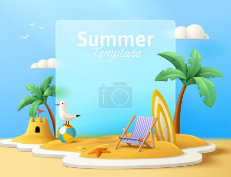 Plantilla de póster de verano con tablero de cristal sobre arena rodeada de silla de playa, estrella de mar, concha marina, tabla de surf, gaviota en bola de playa, palmera y castillo de arena