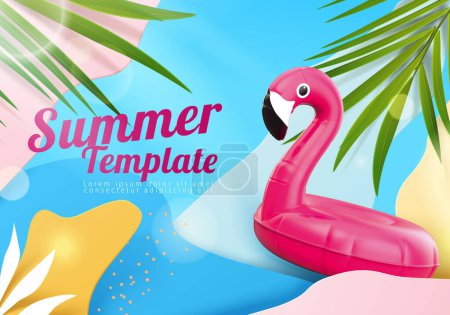 Illustration for Playful abstract style summer poster template. Vibrant color fluid shape layer background with pink flamingo lilo, tropical leaves, and bokeh effect - Royalty Free Image