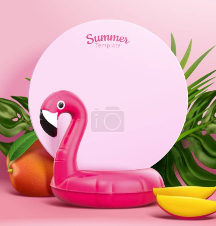 Illustration for Romantic summer template. Round copy space board display on pink flamingo lilo alongside with sliced and whole mango, and tropical leaves in the back. - Royalty Free Image
