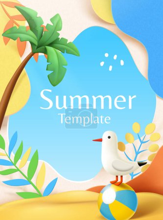 Illustration for Fun abstract fluid summer template. Composition of seagull on beach ball, tropical leaves decor and palm tree. - Royalty Free Image