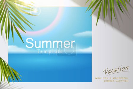 Ilustración de Cartel de verano cielo azul en pared blanca rodeada de decoración de hojas tropicales con lente efecto bokeh en la parte superior. - Imagen libre de derechos