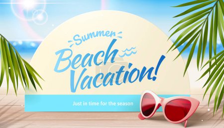 Illustration for Summer beach vacation semi circle shape board display on wooden floor with fashionable sunglasses and tropical leaves around. Sunny beach background with bokeh effect. - Royalty Free Image