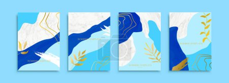 Illustration for Illustrated abstract summer poster template set isolated on light blue background. Blue gradient layer pattern with drawing of gold lines and leaves - Royalty Free Image