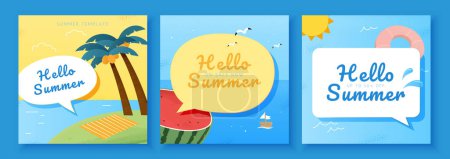 Illustration for Flat style illustrated summer holiday square card template set. Titles in speech bubbles with tropical island, ocean, sliced watermelon, sun, and floating ring - Royalty Free Image