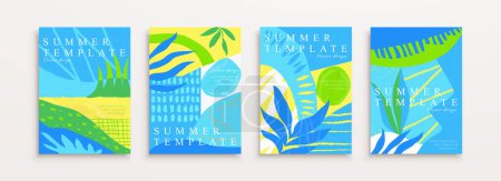 Illustration for Illustrated abstract summer poster template set. Contrast color pattern with brush stroke texture and line art. - Royalty Free Image