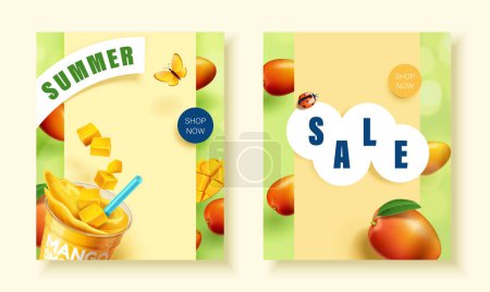Illustration for Cute summer sale promo poster template set with delicious mangoes and smoothie . - Royalty Free Image
