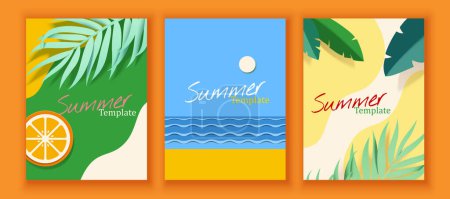 Illustration for Paper cut style summer poster template set isolated on orange background. Top view of botanical leaves with wavy pattern and layer beachside - Royalty Free Image