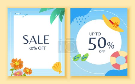 Illustration for Flat style illustrated summer sale poster set isolated on pastel yellow background. Blue poster design with tropical foliage, seashells, flowers and beach elements. - Royalty Free Image