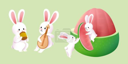 Illustration for Hand drawn style rabbit elements isolated on light green background. Cute bunnies drinking tea, playing lute, and carrying pomelo slice together. - Royalty Free Image