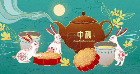 Illustration for Jade rabbits with red line floral pattern celebrating Mid Autumn festival. Moon viewing with mooncake and tea on teal background. Chinese Translation: Mid Autumn. - Royalty Free Image