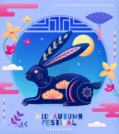 Plakat zum Herbstfest. Hase mit buntem Muster, umgeben von Blumen und Laub am blauen Nachthimmel mit Vollmondhintergrund.