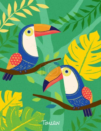 Illustration for Hand drawn texture colorful toucan resting on branches on abstract style tropical forest background with monstera and fern leaves. - Royalty Free Image