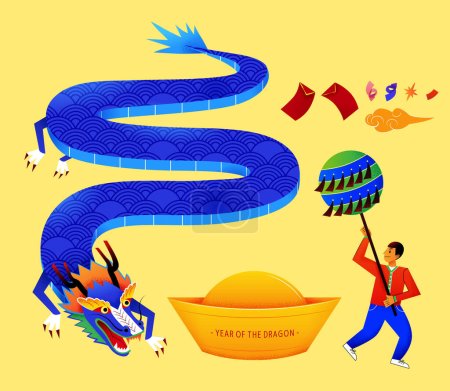 Ilustración de Año nuevo lunar dragón danza rendimiento elementos aislados sobre fondo amarillo. Incluyendo dragón chino tradicional, lingote de oro, bailarina sosteniendo la bola de borla y decoraciones festivas. - Imagen libre de derechos
