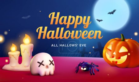 Illustration for 3D Halloween illustration. Candle, skull, spider, pumpkin with scary face displayed on red surface in a dark night with full moon and bat flying. - Royalty Free Image