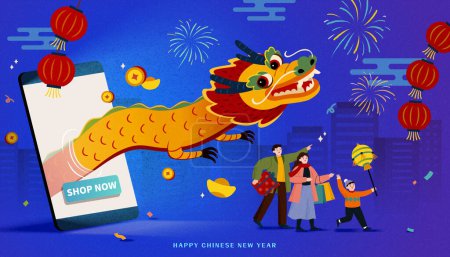 Illustration for CNY online shopping ad banner. Majestic dragon flying out from smart phone screen on blue cityscape background with lanterns, shopping people, and fireworks. - Royalty Free Image