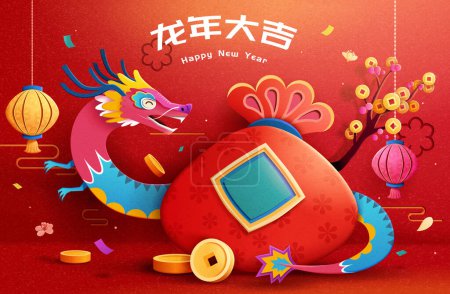Verspielte CNY festliche Grußkarte. Bunte Drachen bewachen riesige rote Glückstasche mit Laternen, Glück und Münzbaum herum auf rotem Hintergrund. Textübersetzung: Glück im Jahr des Drachen.