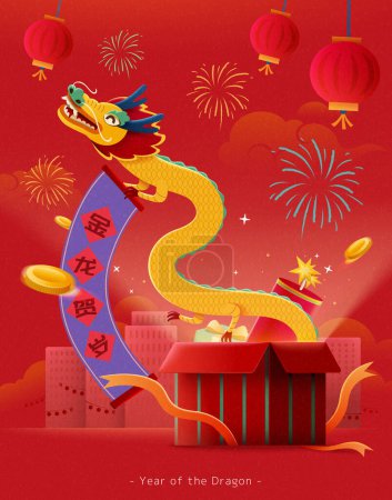 Joyeux poster CNY. Dragon tenant un rouleau volant hors de la boîte-cadeau sur fond de paysage urbain rouge avec feu d'artifice et lanternes. Traduction de texte : Dragon d'or souhaitant bonne année