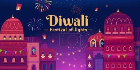 Illustration for Diwali Festival in beautiful town decorated with buntings, diya lamps and traditional lanterns. - Royalty Free Image
