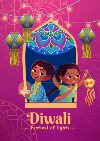 Téléchargez les illustrations : Les enfants apprécient Diwali avec des lanternes traditionnelles et lampe à huile par la fenêtre sur fond de rangoli rose - en licence libre de droit
