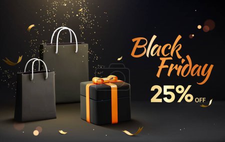Téléchargez les illustrations : Bannière de vente 3D luxueuse Black Friday avec paillettes, sacs à provisions et cadeaux sur fond noir - en licence libre de droit