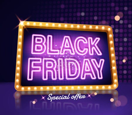 Illustration for 3D Black Friday LED projection screen with golden light bulb frame on purple sequins background. - Royalty Free Image