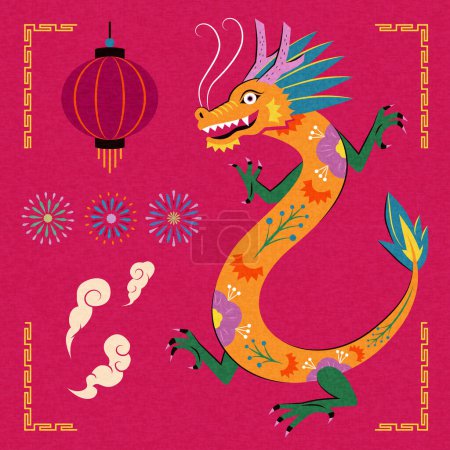 Illustration for Riso style CNY elements isolated on pink background. Dragon, lanterns, fireworks, and clouds. - Royalty Free Image