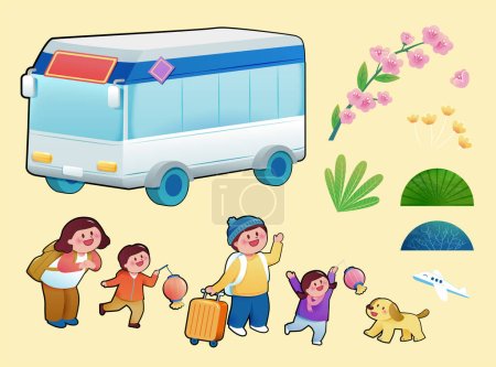 Illustration for Spring outing element set isolated on light yellow background. Bus, plants, plane, and family. - Royalty Free Image