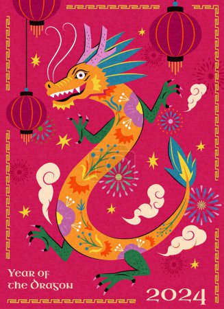 Riso style CNY poster. Colorful floral dragon on pink background with festive decorations.