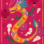 Riso style CNY poster. Colorful floral dragon on pink background with festive decorations.