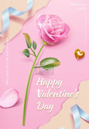 Illustration for 3D Valentine Day poster with pink glass rose and festive decors on light pink torn paper background - Royalty Free Image