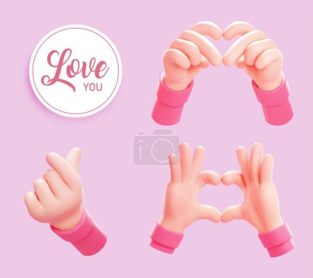 Téléchargez les illustrations : 3D adorable geste de la main de l'amour et des éléments de carte rondes isolés sur fond rose clair. - en licence libre de droit