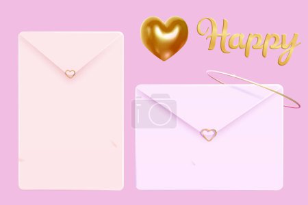 Illustration for 3D vertical and horizontal love letters and festive decors isolated on light pink background. - Royalty Free Image