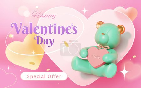 Ilustración de Pancarta de venta de San Valentín de glassmorphism 3D con el tablero del amor y el juguete del oso en fondo de gradiente rosa - Imagen libre de derechos