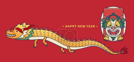 Illustration for Adorable line art style CNY god of wealth and soaring dragon elements isolated on red background. - Royalty Free Image