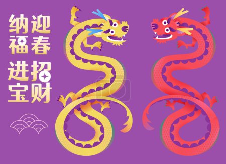 Illustration for Yellow and red dragons element set isolated on purple background. Text: Bringing wealth and treasure. May you welcome happiness in spring - Royalty Free Image