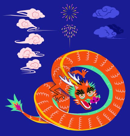 Ilustración de Majestuoso conjunto de dragón rojo y elemento festivo oriental aislado sobre fondo azul. - Imagen libre de derechos
