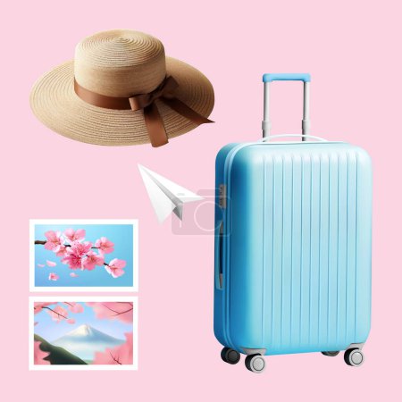 Ilustración de Sombrero de paja 3D, plano de papel, equipaje y elementos de tarjetas postales sakura aislados sobre fondo rosa claro. - Imagen libre de derechos