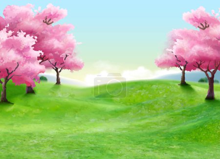 Téléchargez les illustrations : Beau fond de saison de printemps avec prairie ensoleillée et cerisiers en fleurs - en licence libre de droit