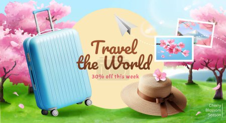 Illustration for 3D spring season travel sale banner with luggage and straw hat on cherry blossom background - Royalty Free Image